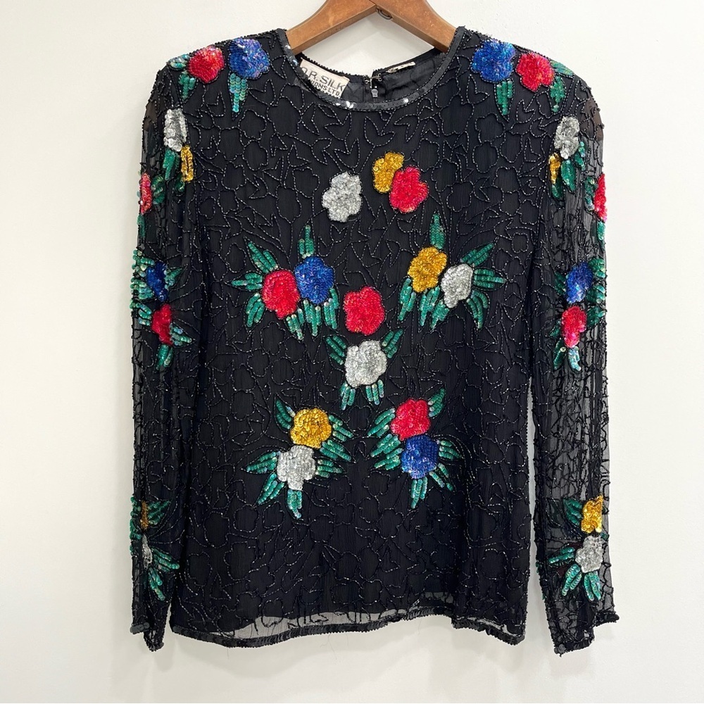 Vintage 80’s Colorful Floral Fully Sequin Embellished Silk Black Top Blouse S